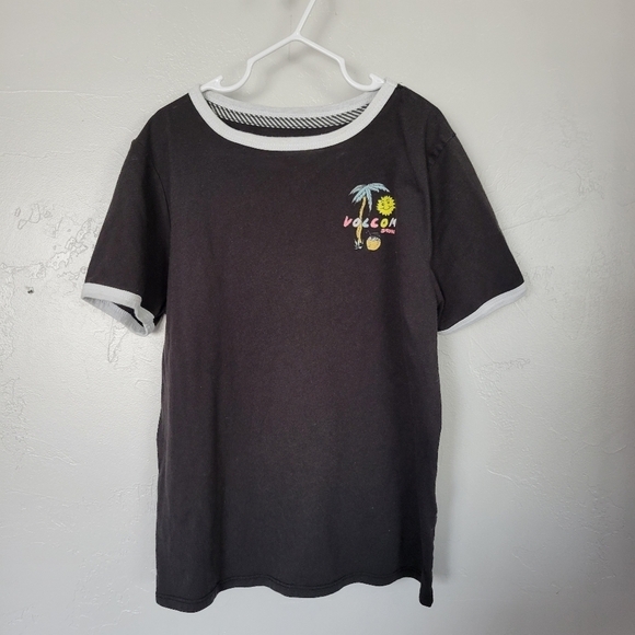 Volcom Girls Large 10/12 Black Short Sleeve Ringer Tee T-shirt Palm Tree Sun Top - Picture 1 of 4